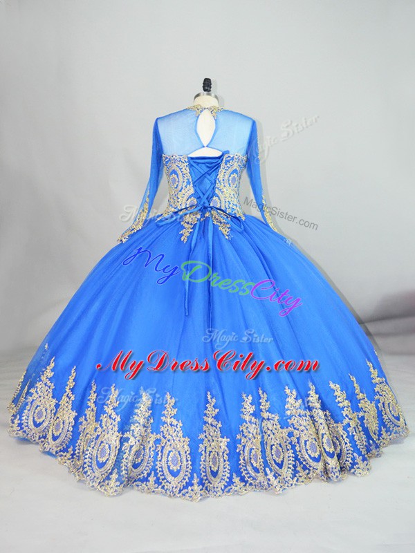 High-neck Long Sleeves Quinceanera Dress Floor Length Beading and Appliques Blue Tulle