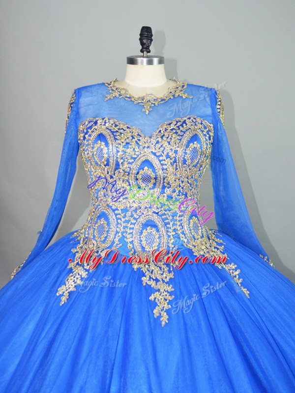 High-neck Long Sleeves Quinceanera Dress Floor Length Beading and Appliques Blue Tulle