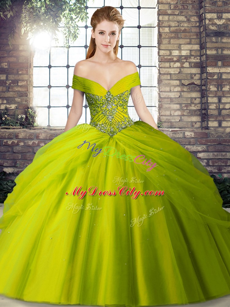 Olive Green Tulle Lace Up 15 Quinceanera Dress Sleeveless Brush Train Beading and Pick Ups