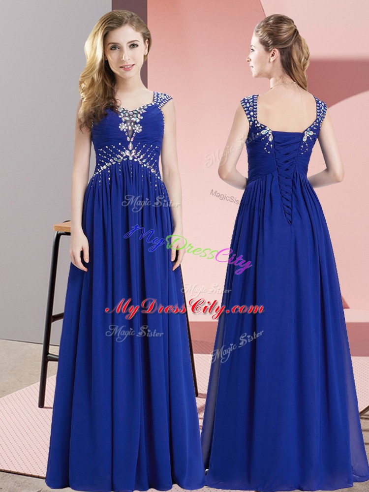 Fitting Empire Prom Evening Gown Royal Blue Straps Chiffon Sleeveless Floor Length Lace Up