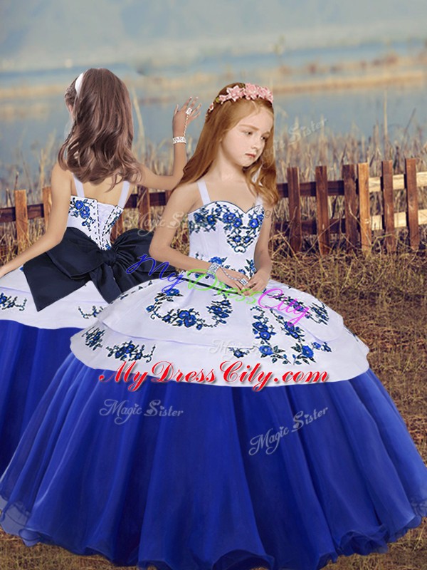 Custom Designed Blue Straps Lace Up Embroidery Pageant Dress for Teens Sleeveless