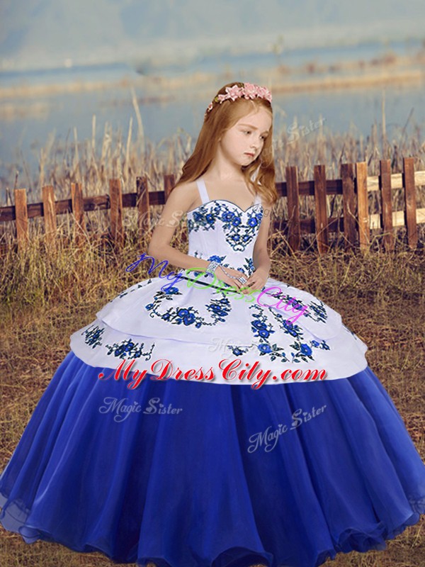 Custom Designed Blue Straps Lace Up Embroidery Pageant Dress for Teens Sleeveless