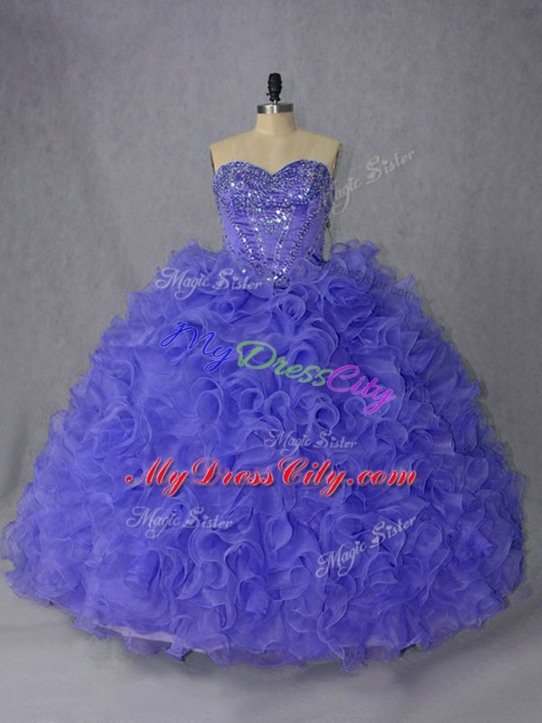 Luxury Lavender and Purple Organza Lace Up Sweetheart Sleeveless Quinceanera Dress Brush Train Beading