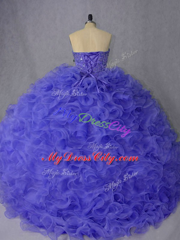 Luxury Lavender and Purple Organza Lace Up Sweetheart Sleeveless Quinceanera Dress Brush Train Beading