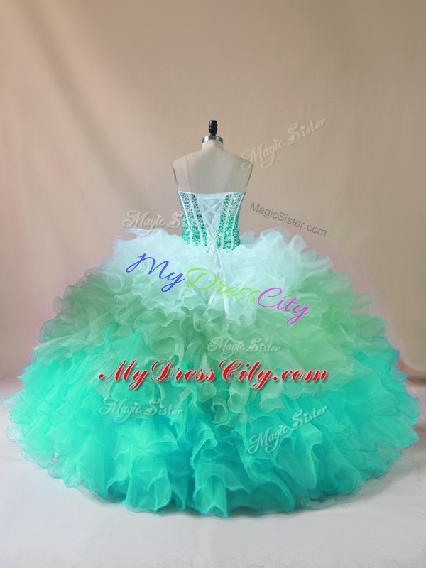 Customized Sweetheart Sleeveless Quinceanera Dresses Floor Length Beading and Ruffles Multi-color Tulle