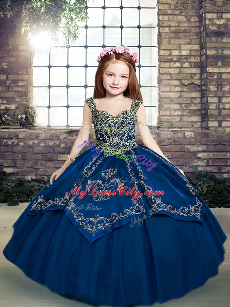 New Style Blue Sleeveless Floor Length Beading and Embroidery Lace Up Child Pageant Dress