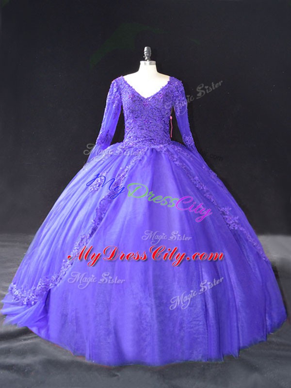 High Class V-neck Long Sleeves Vestidos de Quinceanera Floor Length Lace and Appliques Purple Tulle