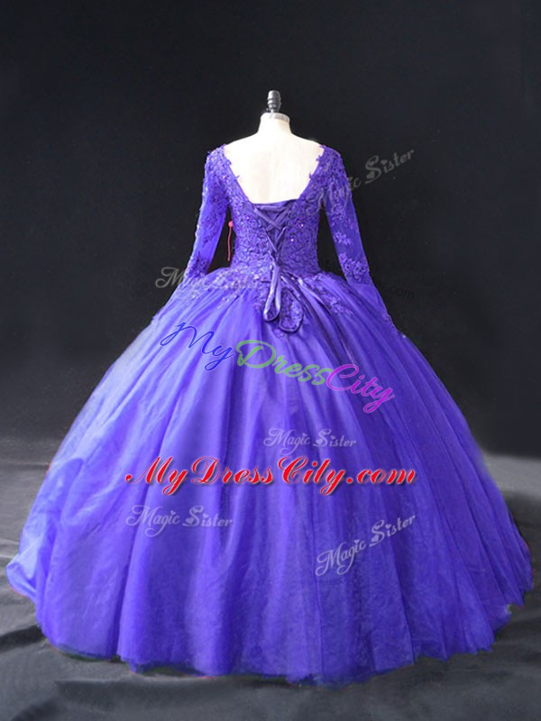 High Class V-neck Long Sleeves Vestidos de Quinceanera Floor Length Lace and Appliques Purple Tulle