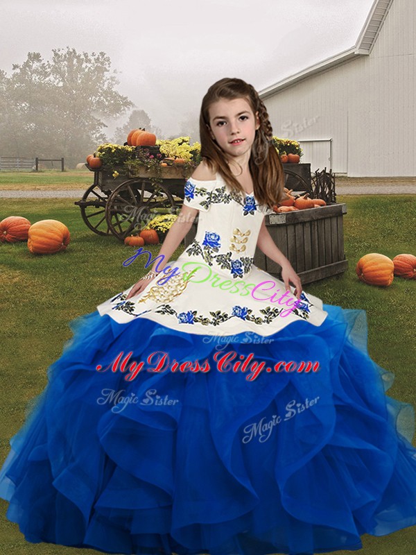 Sleeveless Organza Floor Length Lace Up Kids Formal Wear in Blue with Embroidery and Ruffles