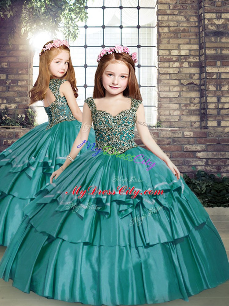 Straps Sleeveless Child Pageant Dress Floor Length Beading Teal Taffeta