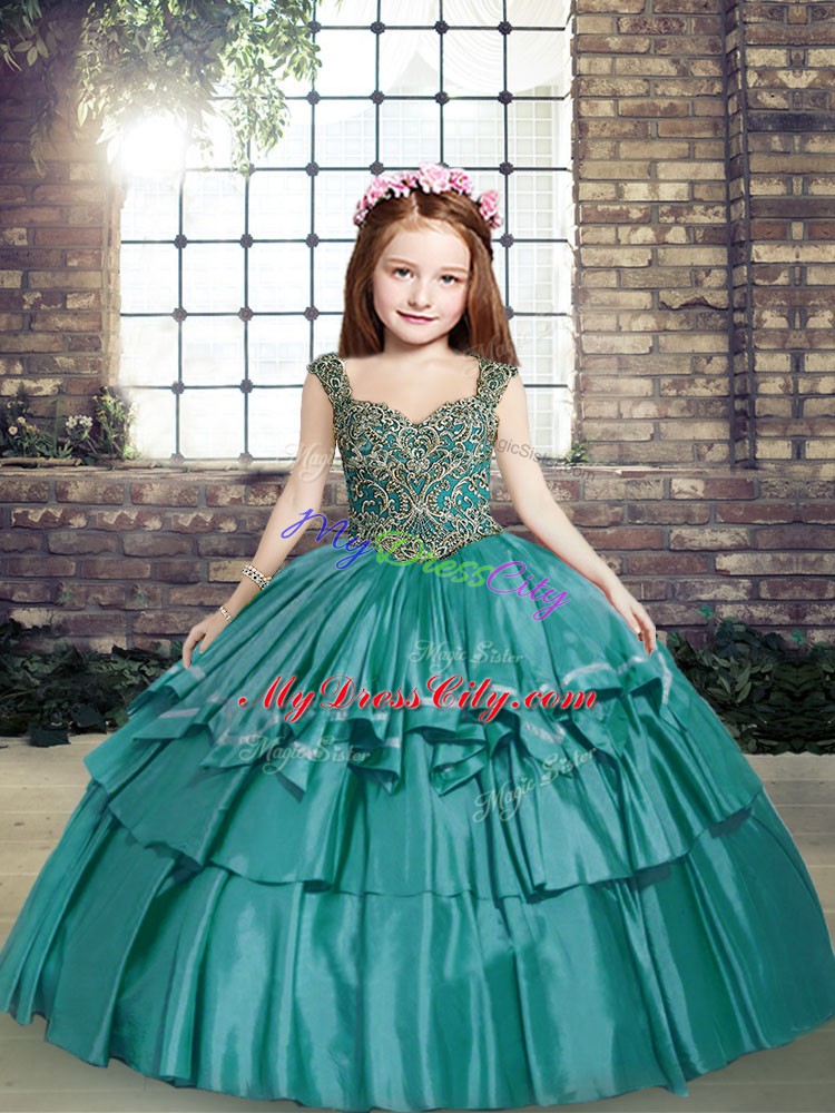 Straps Sleeveless Child Pageant Dress Floor Length Beading Teal Taffeta