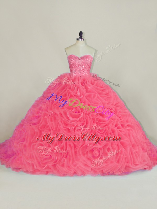 New Style Fabric With Rolling Flowers Sleeveless Vestidos de Quinceanera Court Train and Beading and Ruffles