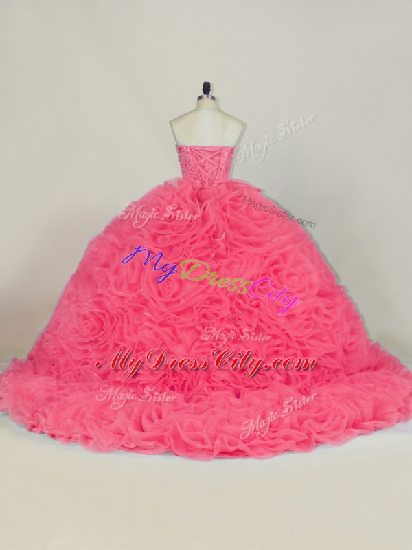 New Style Fabric With Rolling Flowers Sleeveless Vestidos de Quinceanera Court Train and Beading and Ruffles