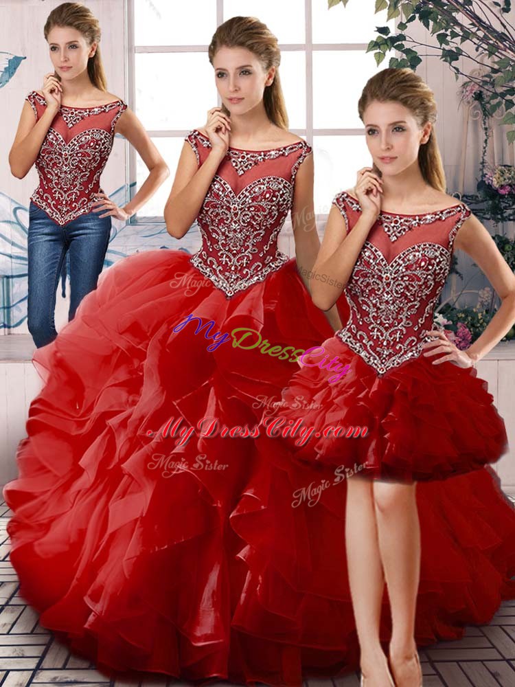 Romantic Red Sleeveless Beading and Ruffles Floor Length Sweet 16 Dresses