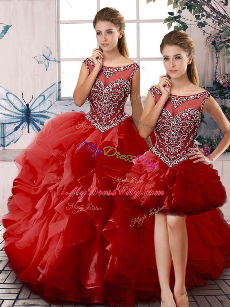 Romantic Red Sleeveless Beading and Ruffles Floor Length Sweet 16 Dresses