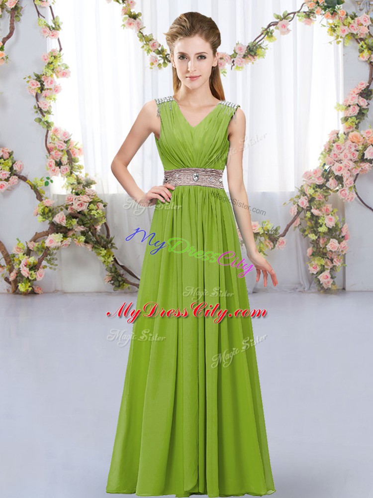 Popular Floor Length Lace Up Dama Dress Olive Green for Wedding Party with Beading and Belt