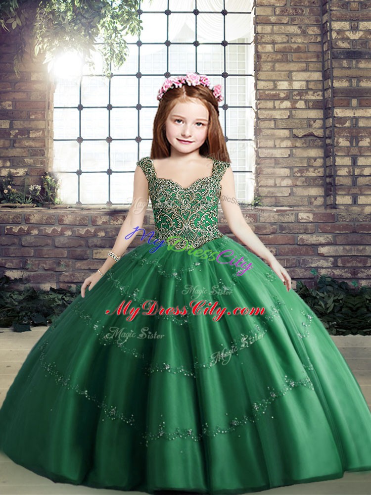 Admirable Dark Green Sleeveless Floor Length Beading Lace Up Little Girls Pageant Dress