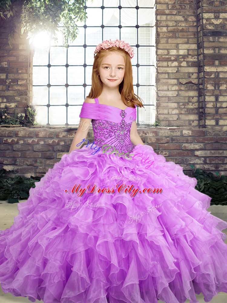 Lavender Sleeveless Floor Length Beading and Ruffles Lace Up Pageant Dress