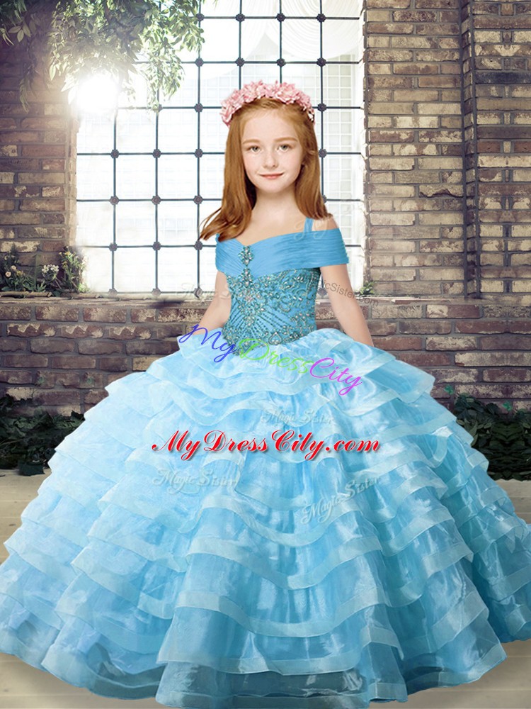 Sweet Aqua Blue Straps Lace Up Beading and Ruffled Layers Little Girl Pageant Dress Brush Train Sleeveless