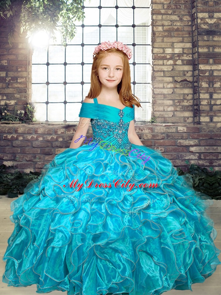 Floor Length Aqua Blue Girls Pageant Dresses Organza Sleeveless Beading