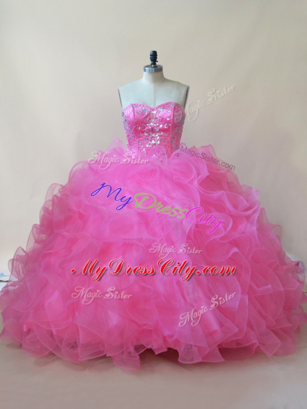 Romantic Rose Pink Sleeveless Beading and Ruffles Floor Length Quince Ball Gowns