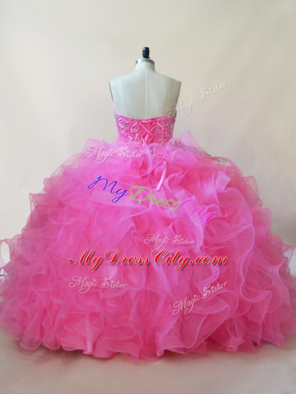 Romantic Rose Pink Sleeveless Beading and Ruffles Floor Length Quince Ball Gowns