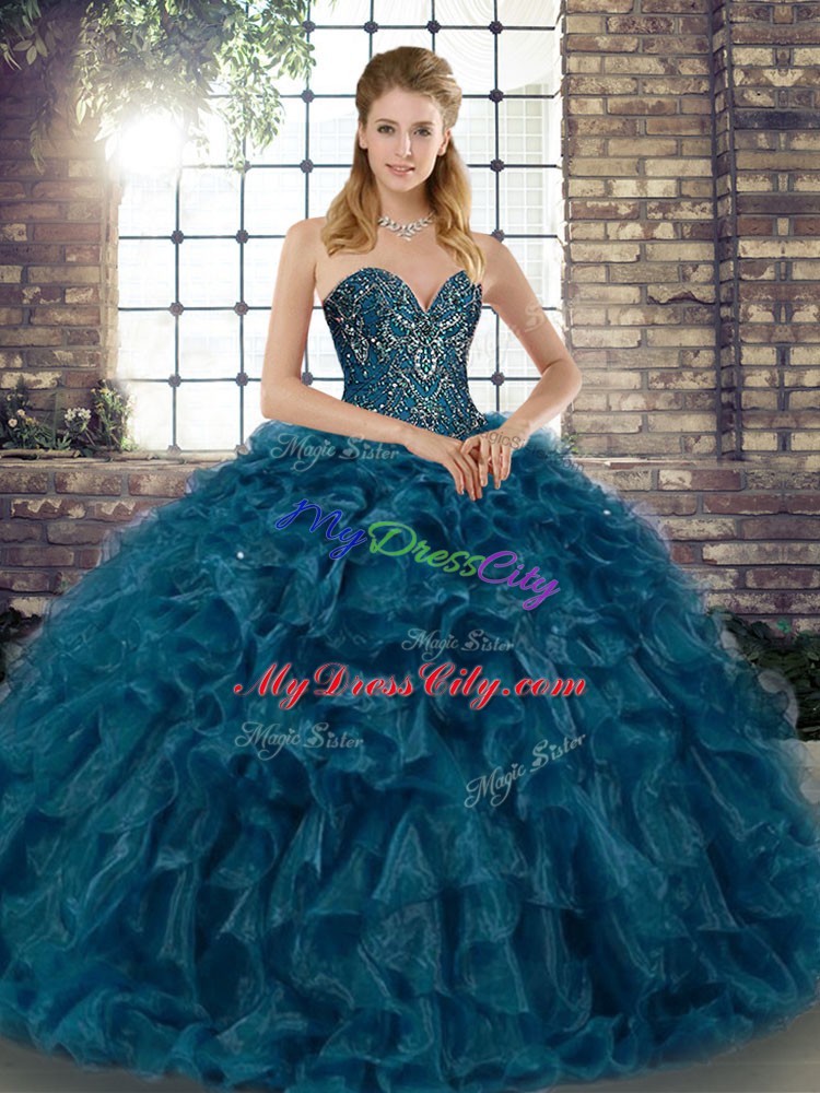 High End Floor Length Lace Up Sweet 16 Quinceanera Dress Teal for Military Ball and Sweet 16 and Quinceanera with Beading and Ruffles