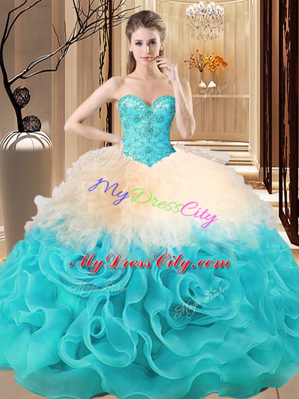 Sleeveless Fabric With Rolling Flowers Floor Length Lace Up Sweet 16 Quinceanera Dress in Multi-color with Beading and Ruffles