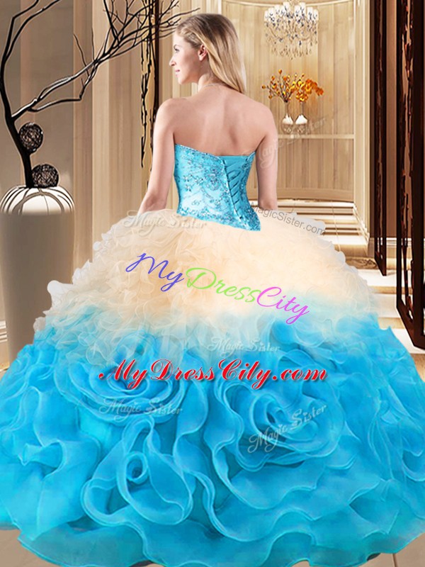 Sleeveless Fabric With Rolling Flowers Floor Length Lace Up Sweet 16 Quinceanera Dress in Multi-color with Beading and Ruffles