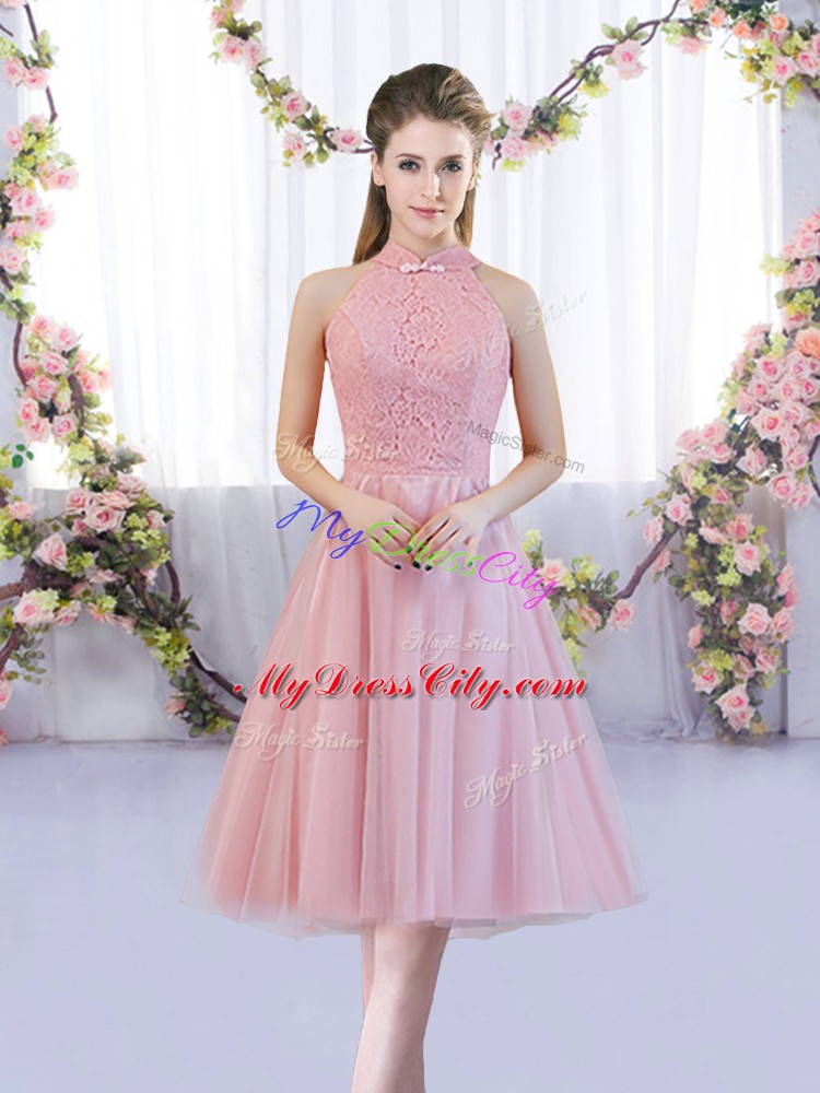 Pink Sleeveless Lace Tea Length Bridesmaids Dress