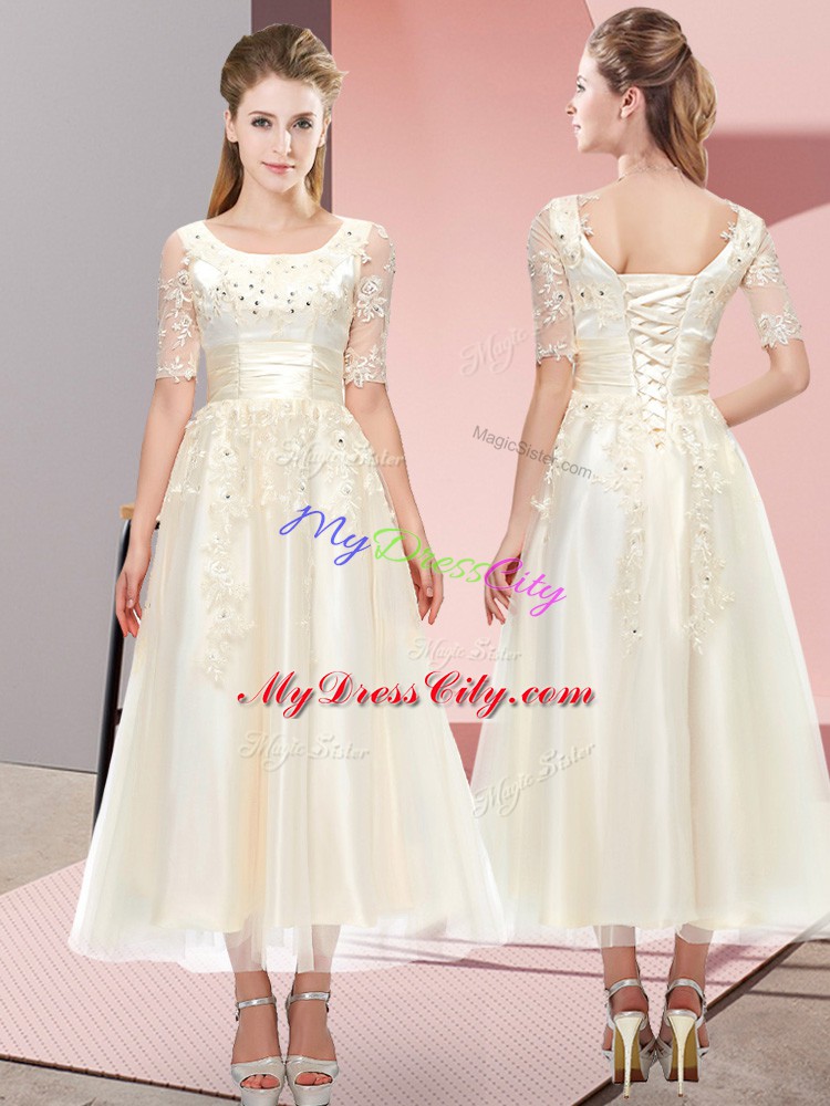 Fantastic Champagne Lace Up Bridesmaids Dress Beading and Lace Short Sleeves Tea Length