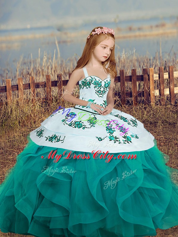 Teal Empire Straps Sleeveless Floor Length Lace Up Embroidery and Ruffles Little Girls Pageant Dress