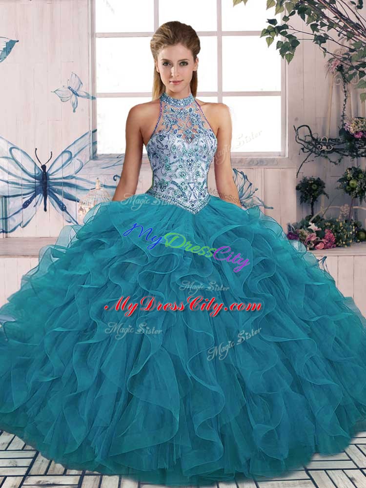 Pretty Teal Ball Gowns Tulle Halter Top Sleeveless Beading and Ruffles Floor Length Lace Up Sweet 16 Dress