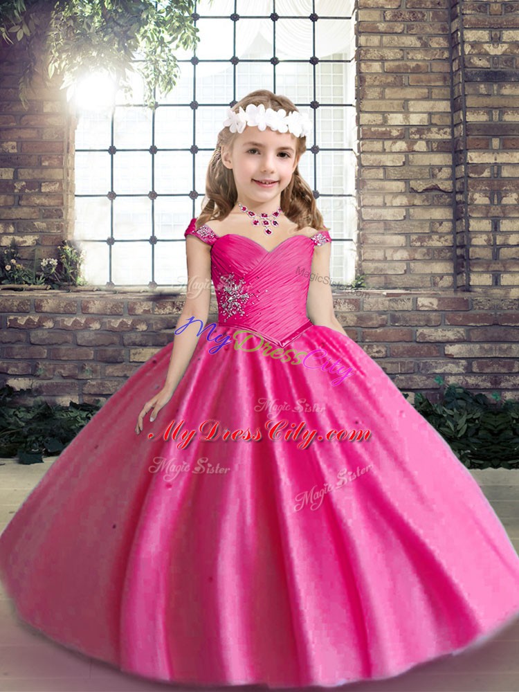 Best Hot Pink Lace Up Straps Beading Kids Pageant Dress Tulle Sleeveless