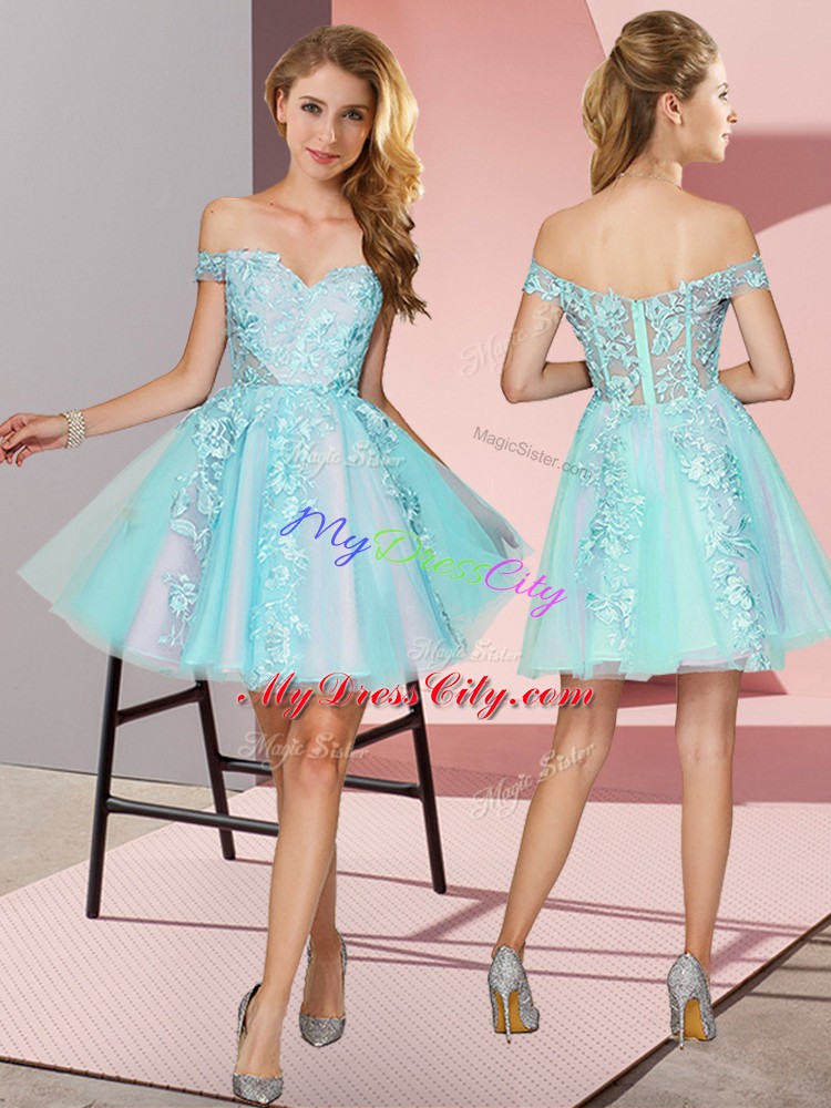 High Class Sleeveless Tulle Mini Length Zipper Dama Dress for Quinceanera in Aqua Blue with Lace