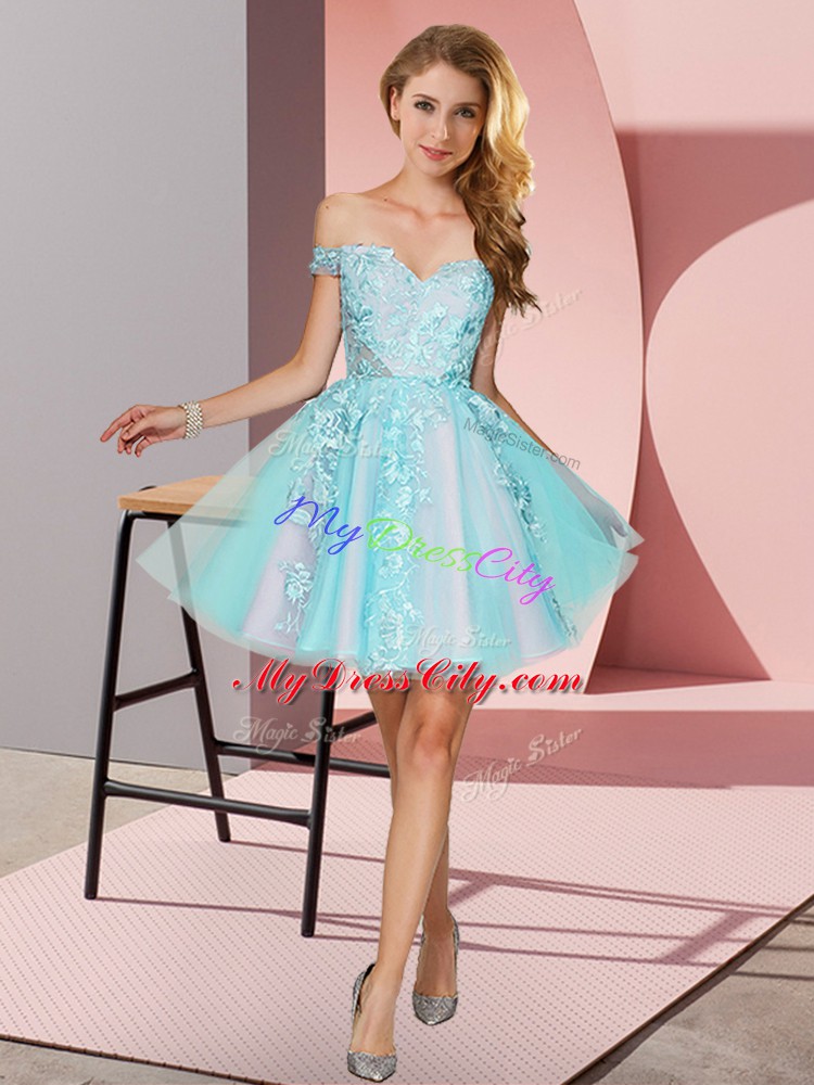 High Class Sleeveless Tulle Mini Length Zipper Dama Dress for Quinceanera in Aqua Blue with Lace