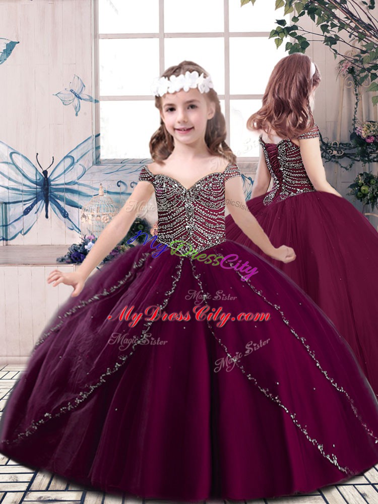 Sweetheart Cap Sleeves Brush Train Sweet 16 Quinceanera Dress Purple Tulle