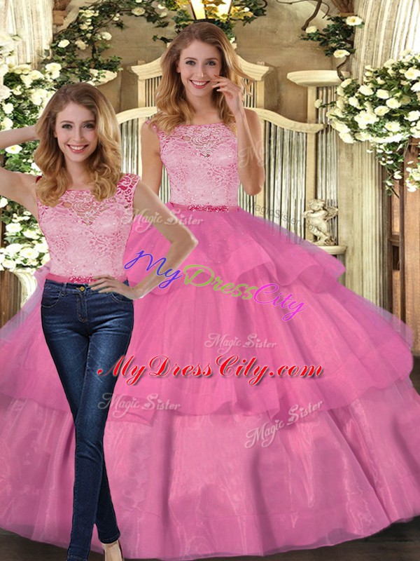 New Arrival Hot Pink Sleeveless Tulle Lace Up Quinceanera Gown for Military Ball and Sweet 16 and Quinceanera