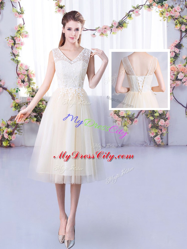 Wonderful Champagne Empire Tulle V-neck Sleeveless Lace Tea Length Lace Up Wedding Party Dress