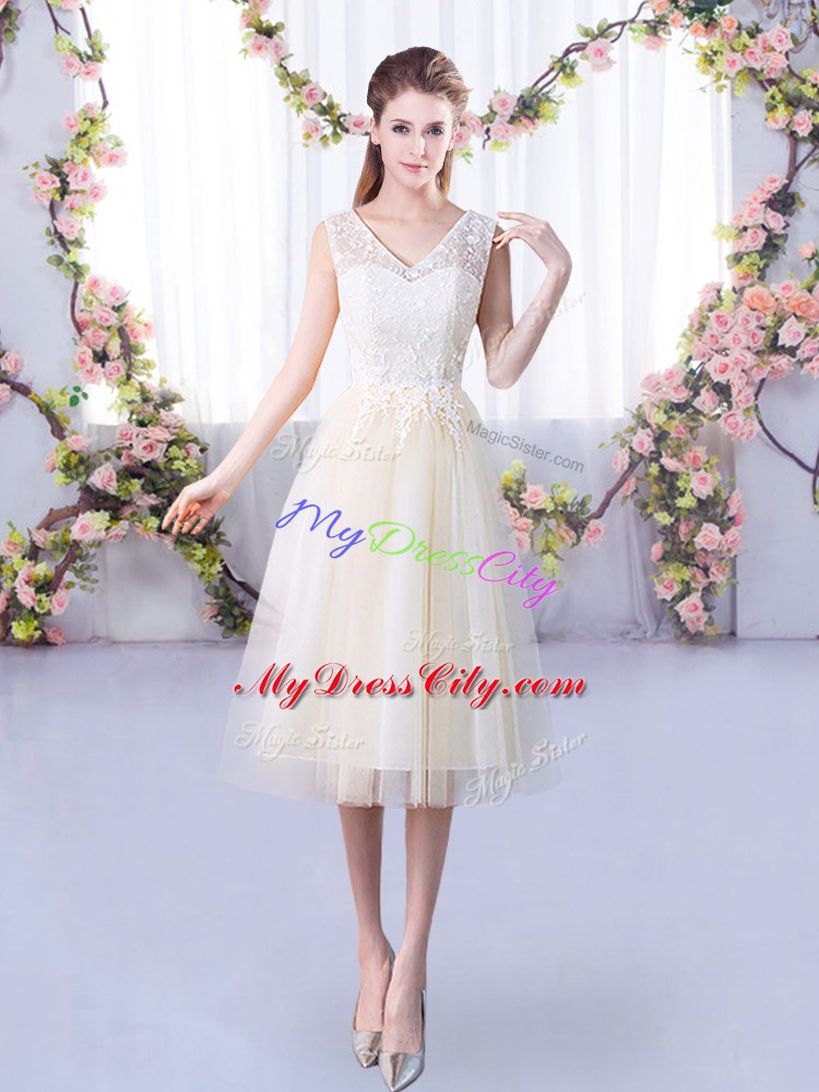 Wonderful Champagne Empire Tulle V-neck Sleeveless Lace Tea Length Lace Up Wedding Party Dress