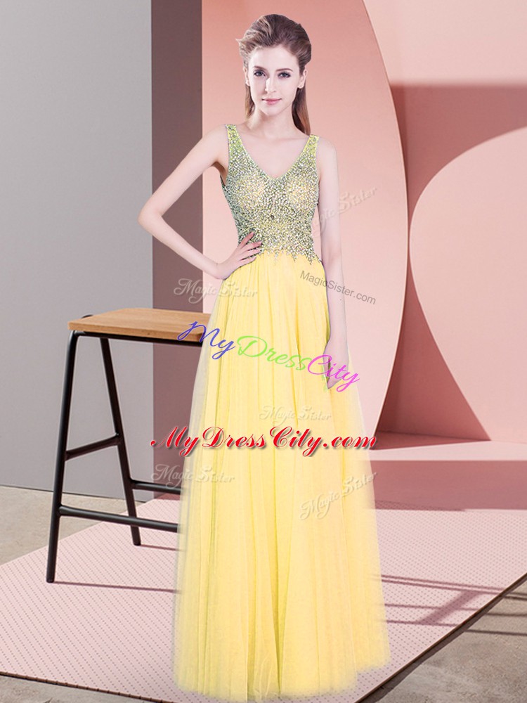 Customized Gold Empire Beading Celebrity Evening Dresses Zipper Tulle Sleeveless Floor Length