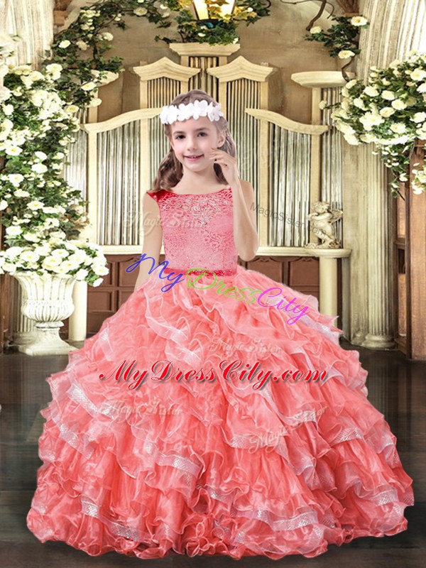 Organza Scoop Sleeveless Zipper Lace and Ruffled Layers Little Girls Pageant Gowns in Watermelon Red