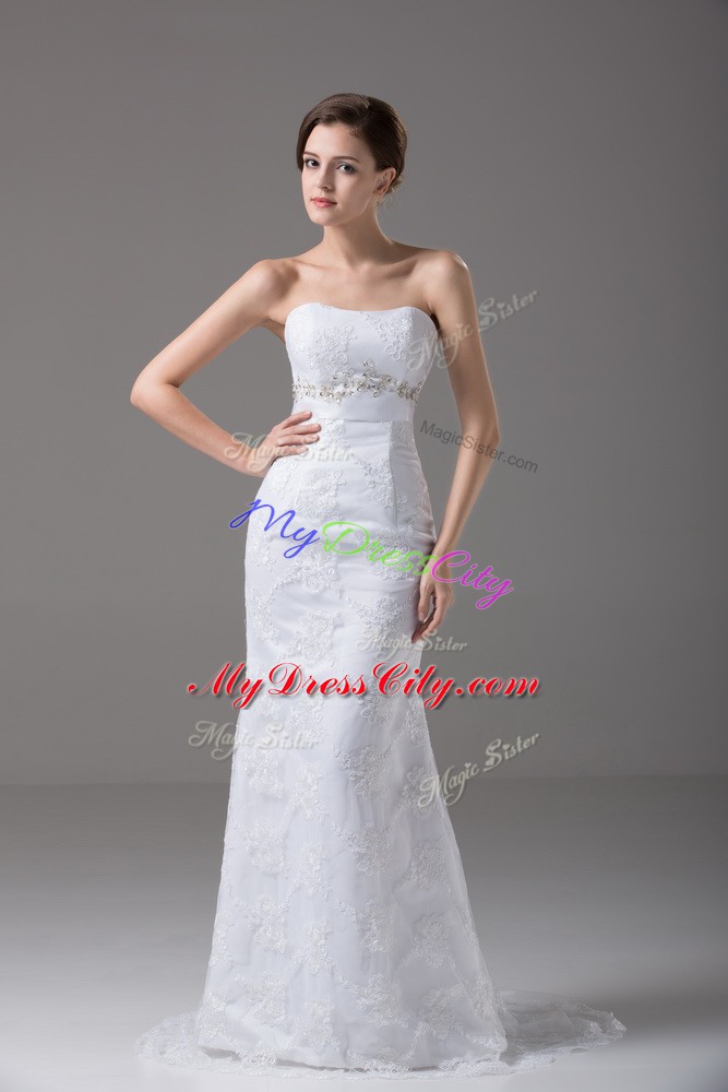 Free and Easy Beading and Lace and Belt Bridal Gown White Zipper Sleeveless Brush Train