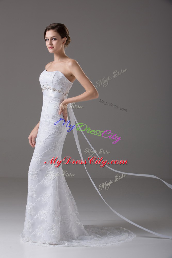 Free and Easy Beading and Lace and Belt Bridal Gown White Zipper Sleeveless Brush Train