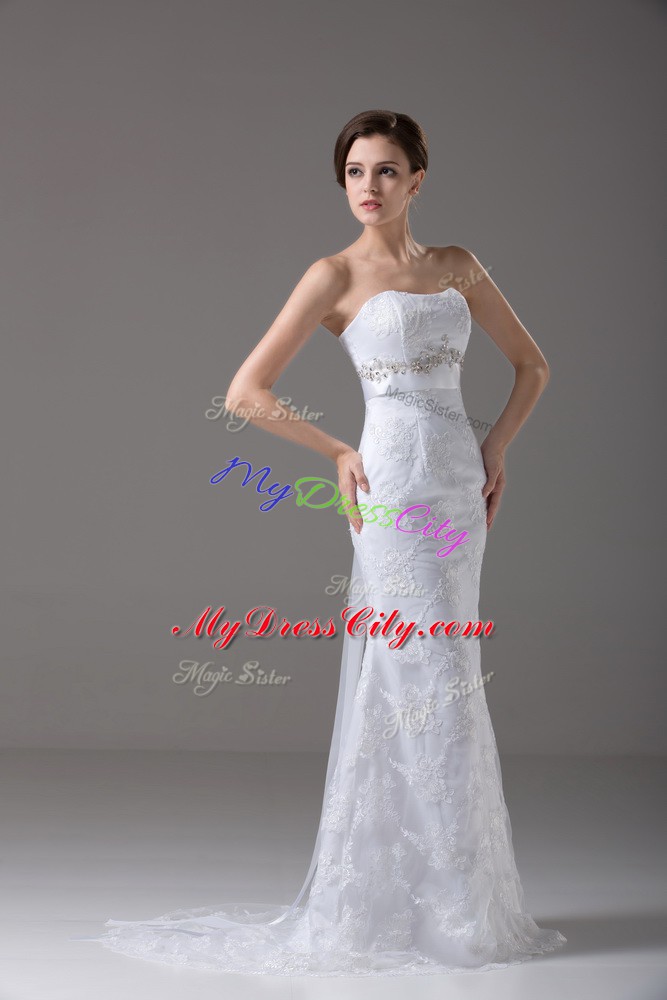 Free and Easy Beading and Lace and Belt Bridal Gown White Zipper Sleeveless Brush Train