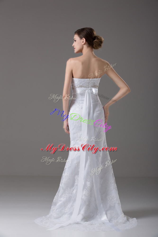 Free and Easy Beading and Lace and Belt Bridal Gown White Zipper Sleeveless Brush Train