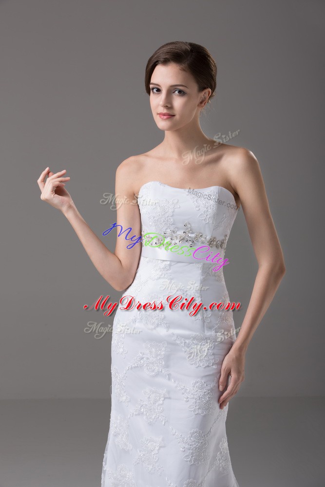 Free and Easy Beading and Lace and Belt Bridal Gown White Zipper Sleeveless Brush Train