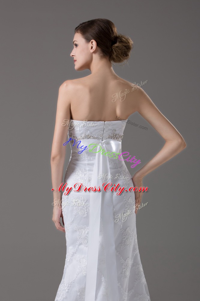 Free and Easy Beading and Lace and Belt Bridal Gown White Zipper Sleeveless Brush Train