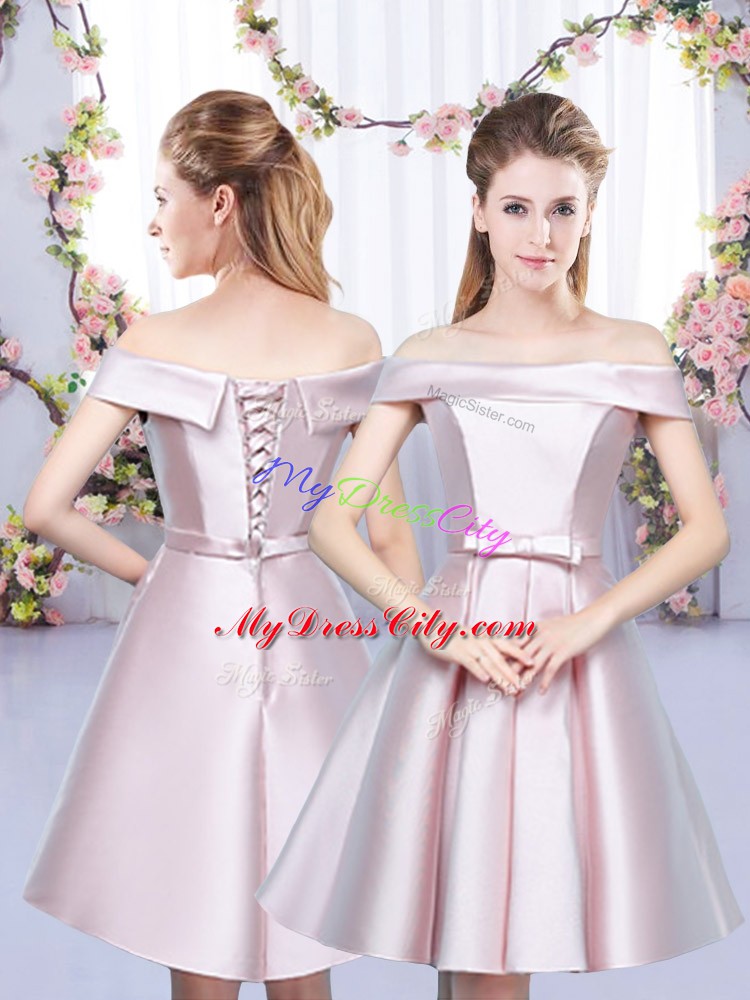 Cheap Satin Off The Shoulder Sleeveless Lace Up Bowknot Quinceanera Court of Honor Dress in Baby Pink