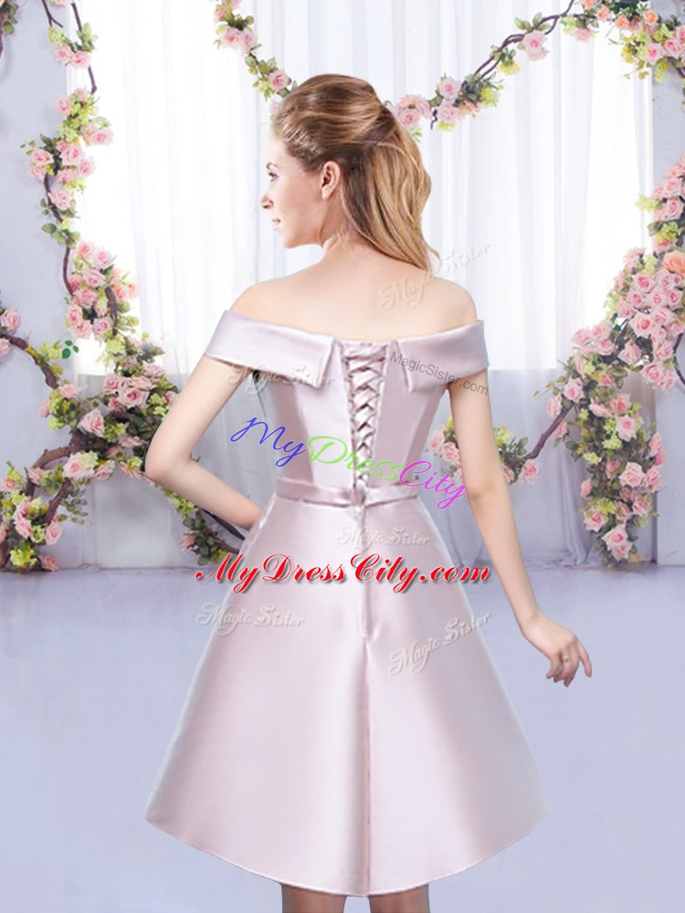 Cheap Satin Off The Shoulder Sleeveless Lace Up Bowknot Quinceanera Court of Honor Dress in Baby Pink